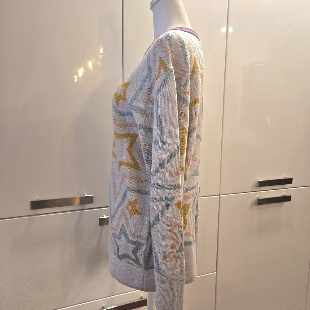 NWT Splendid Ziggy Star Oversized Crewneck Sweater White Blue Yellow Size Small
